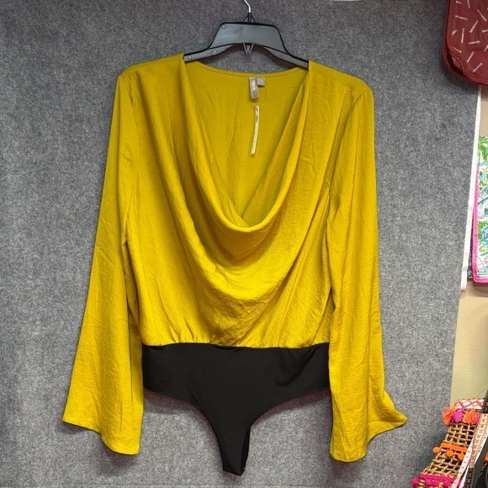 ASOS Mustard Drape Neck long flare sleeve Bodysuit size 14